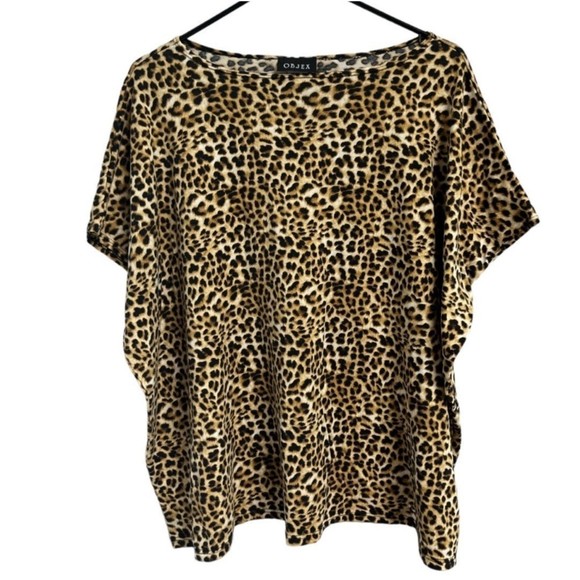 OBJEX Dark Brown Leopard Print Blouse Size M Short Sleeve Animal Print T-Shirt - Picture 1 of 10